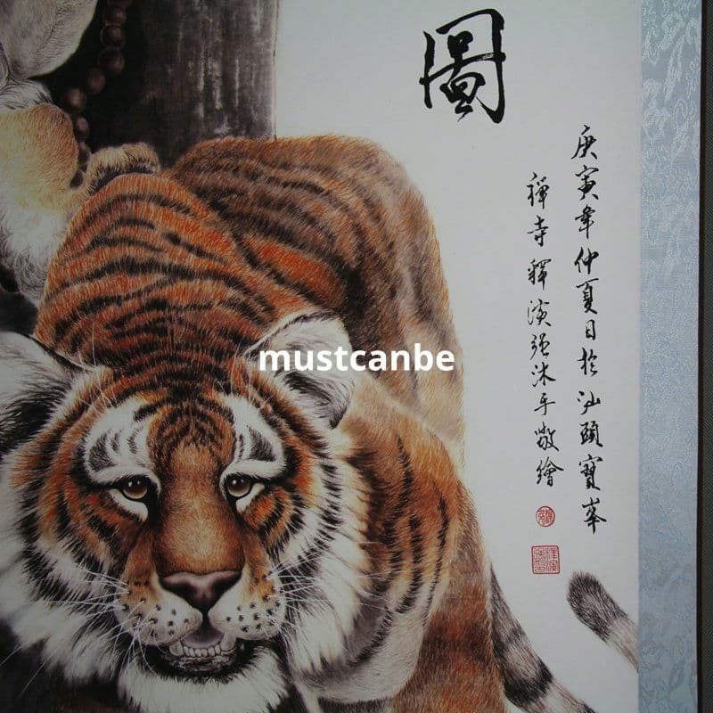 中国美術品 山水宣紙巻物画 掛画 仏像達磨双虎福図 達磨伏虎現代工芸品美術品置物