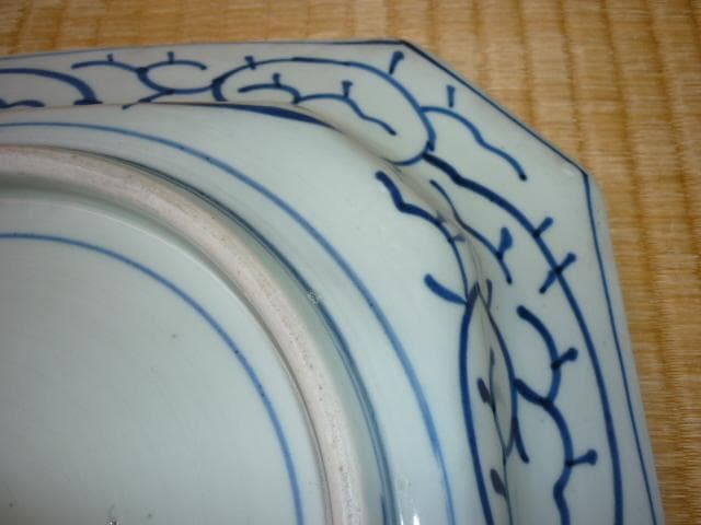 ◆美品 江戸後期！古伊万里 落款『三元』牡丹/雷文/花模様/唐草 八角染付角皿