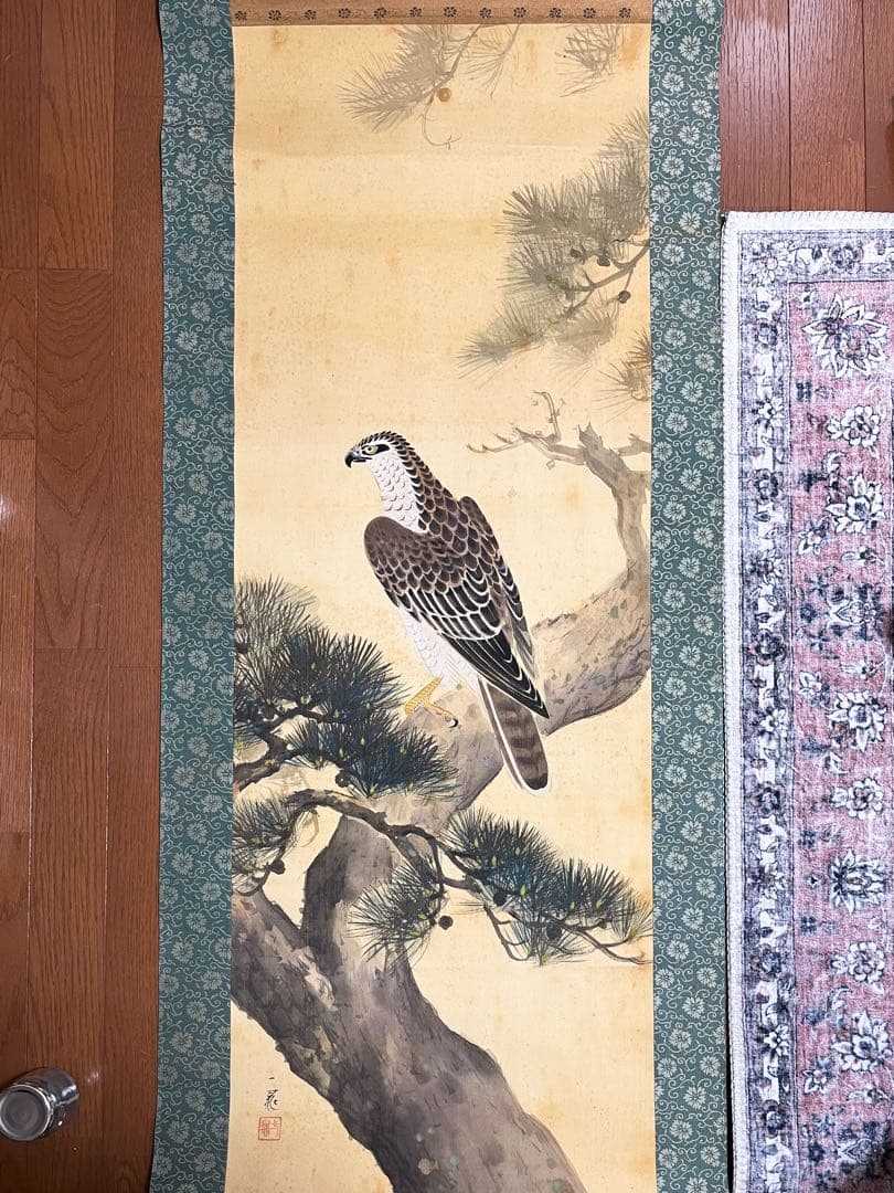 【骨董】掛け軸　松上の鷹 肉筆　桐箱入り