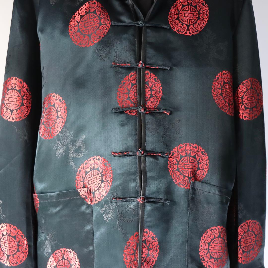 90s archive ブラック チャイナブルゾン 厚手 サテン アウター 黒色