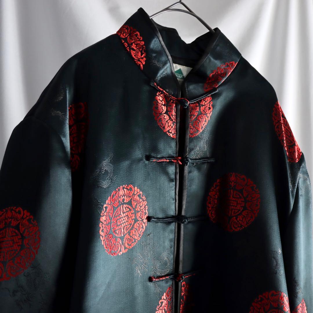 90s archive ブラック チャイナブルゾン 厚手 サテン アウター 黒色