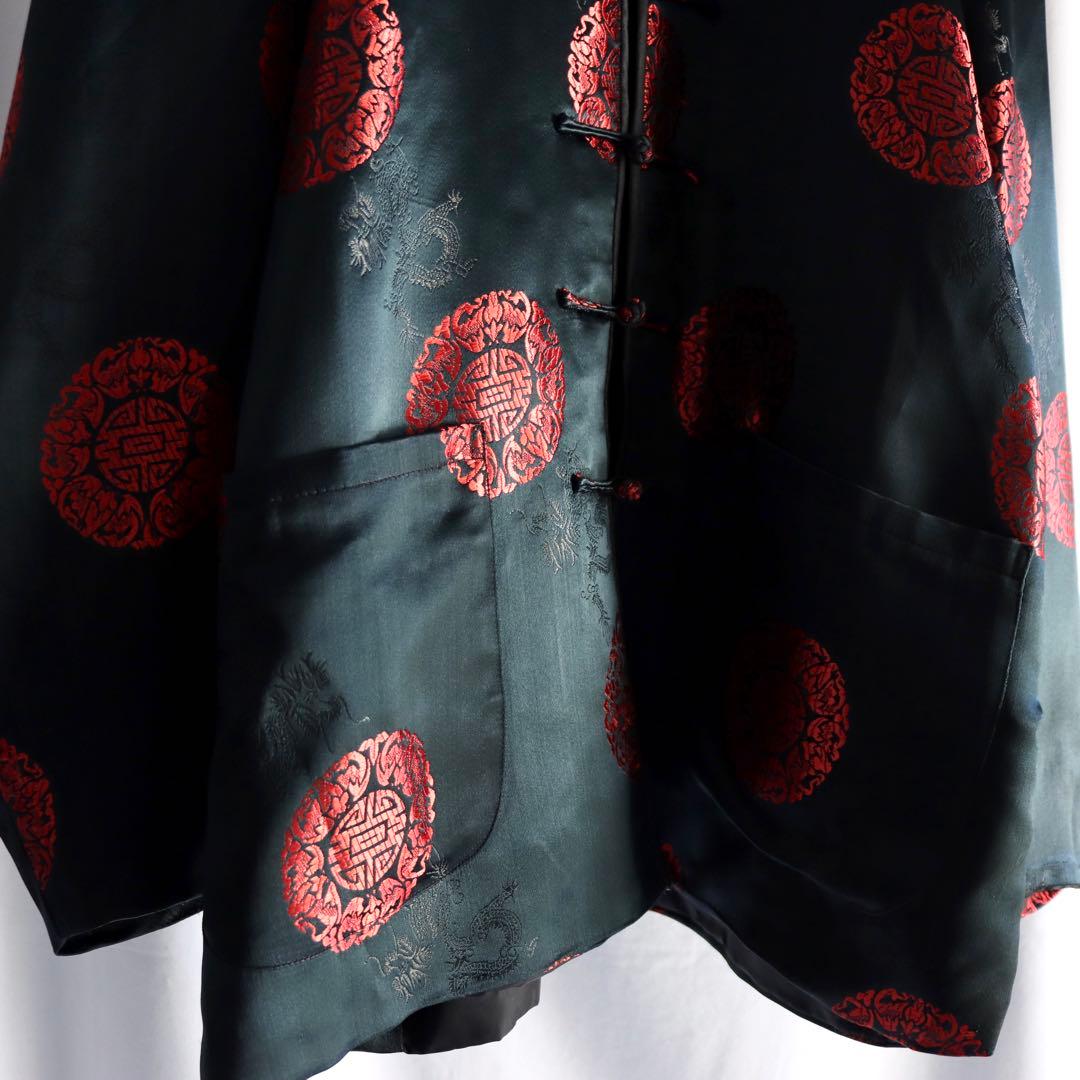 90s archive ブラック チャイナブルゾン 厚手 サテン アウター 黒色