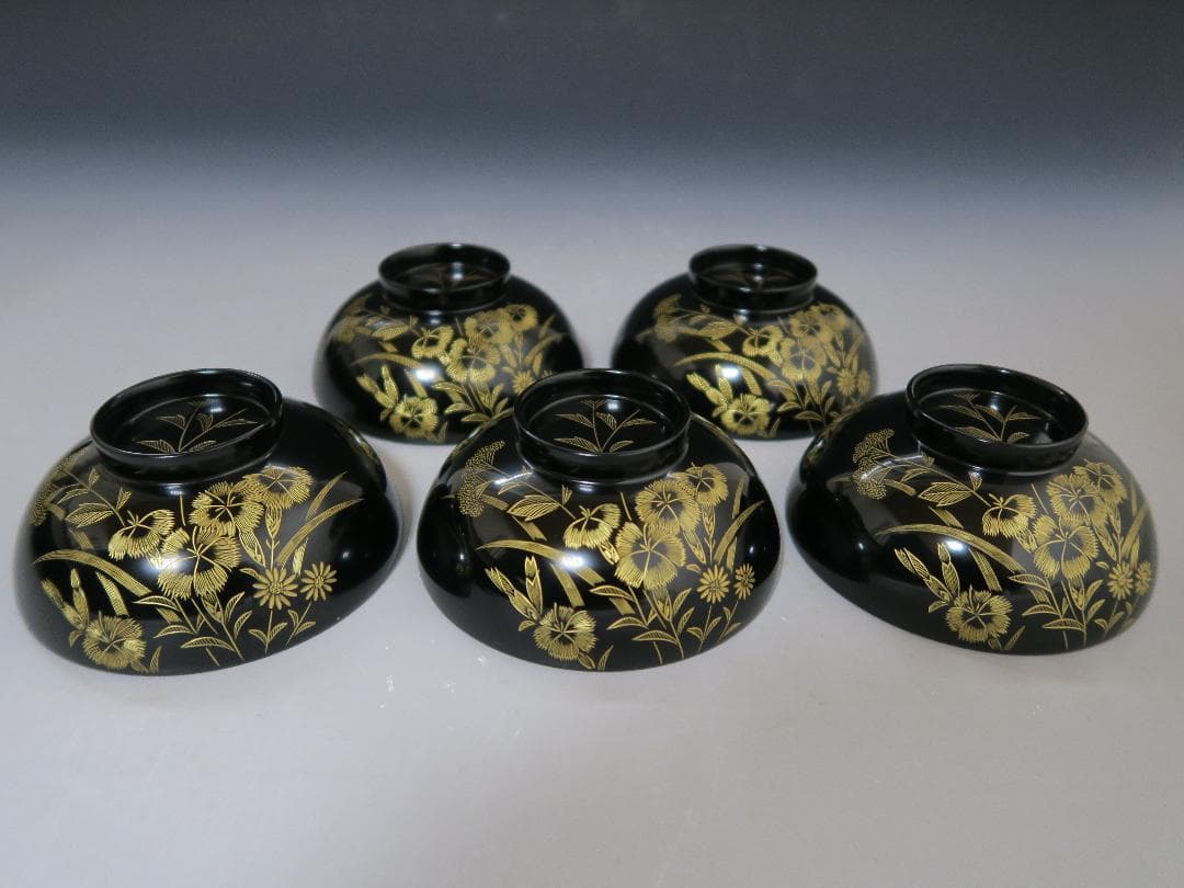 【輪島塗】極美品 秋草沈金 吸物椀 坂本漆器店 黒塗 五客揃 天然木 栞 共箱