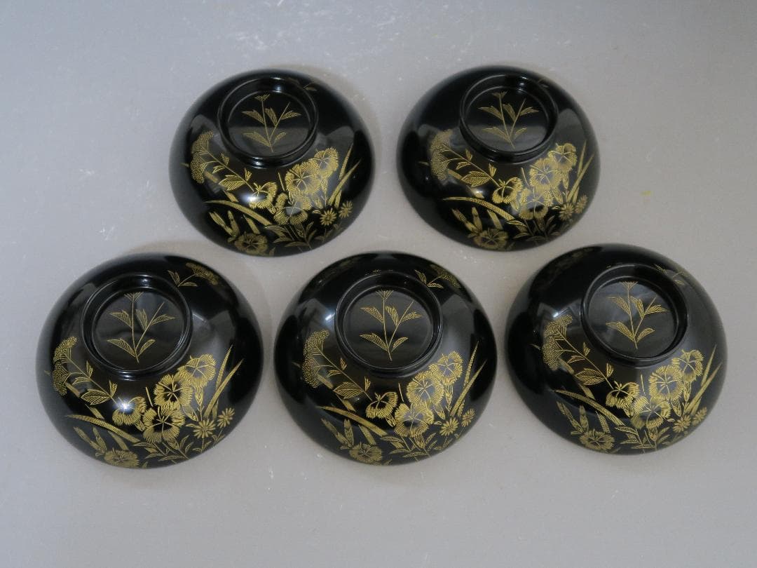 【輪島塗】極美品 秋草沈金 吸物椀 坂本漆器店 黒塗 五客揃 天然木 栞 共箱