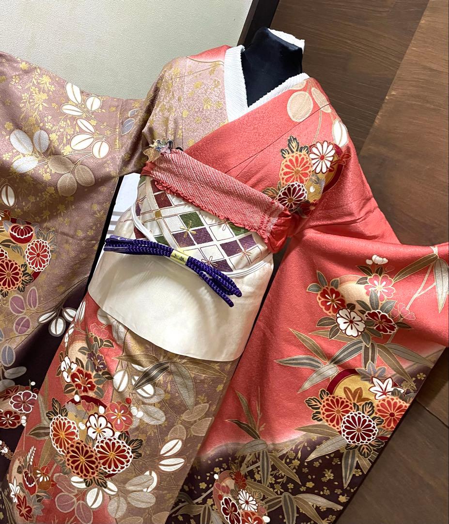 振袖 フルセット6点サイズM〜Ｌ菊花丸文　銀駒刺繍　正絹