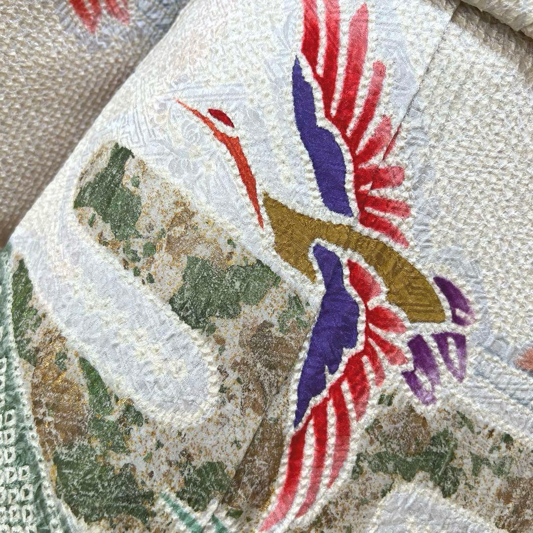 390 振袖フルセット 正絹 絞り 白地 黒 赤 緑 多色 カラフル 金彩