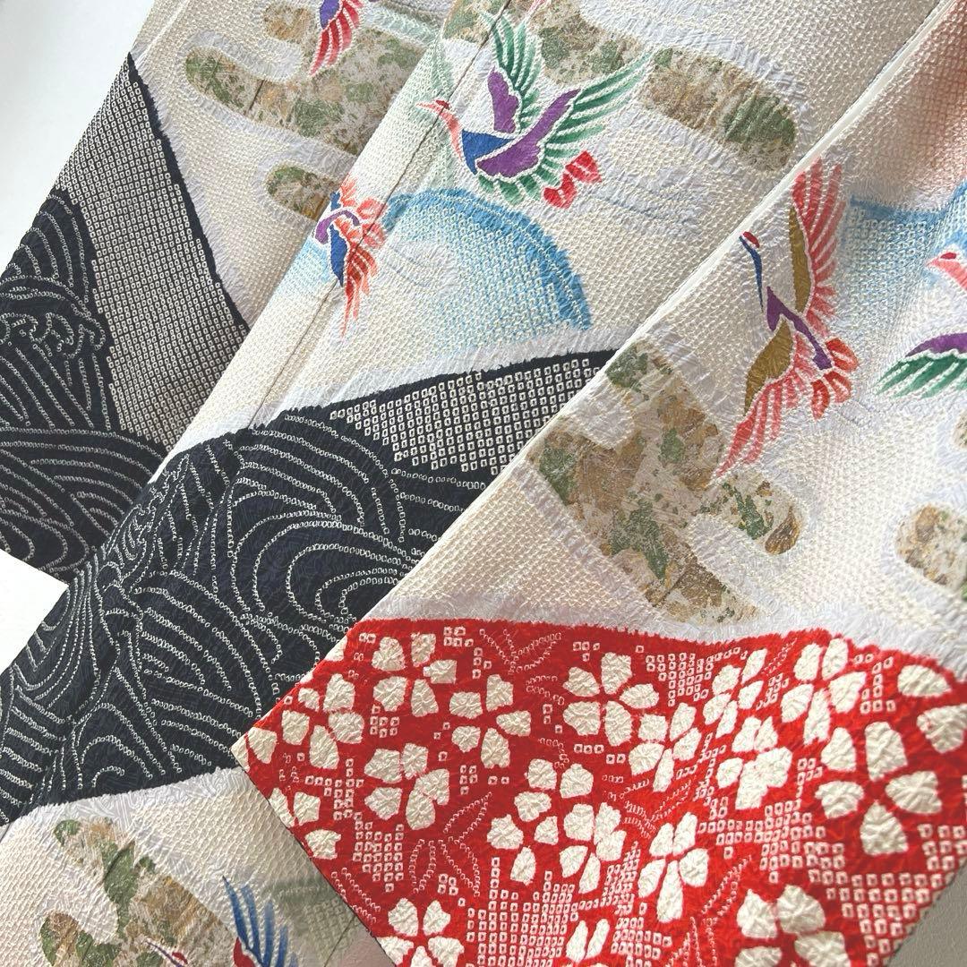 390 振袖フルセット 正絹 絞り 白地 黒 赤 緑 多色 カラフル 金彩