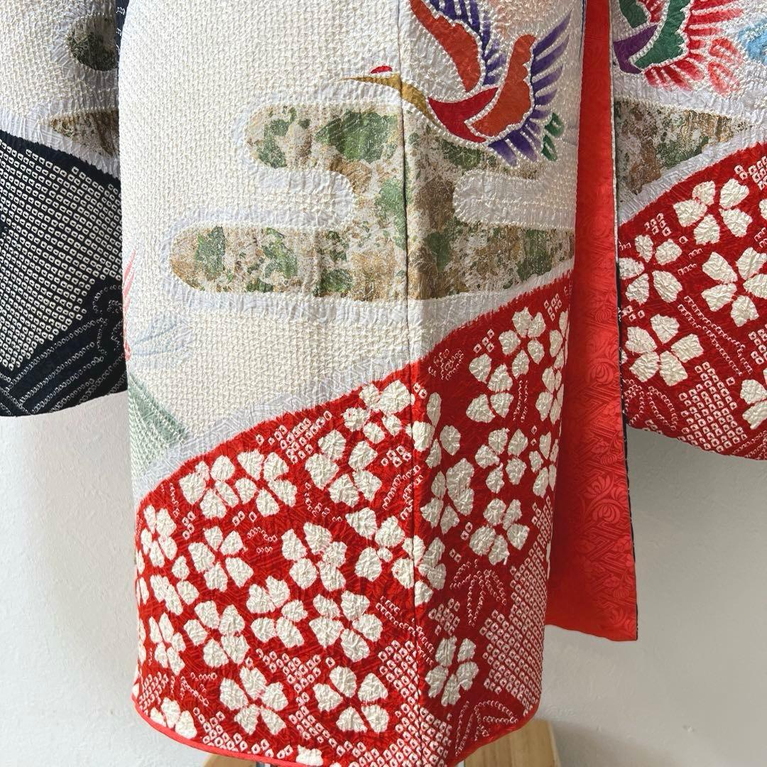 390 振袖フルセット 正絹 絞り 白地 黒 赤 緑 多色 カラフル 金彩