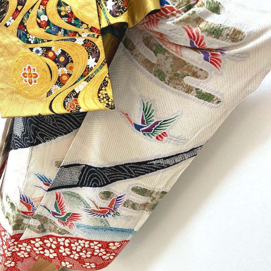 390 振袖フルセット 正絹 絞り 白地 黒 赤 緑 多色 カラフル 金彩