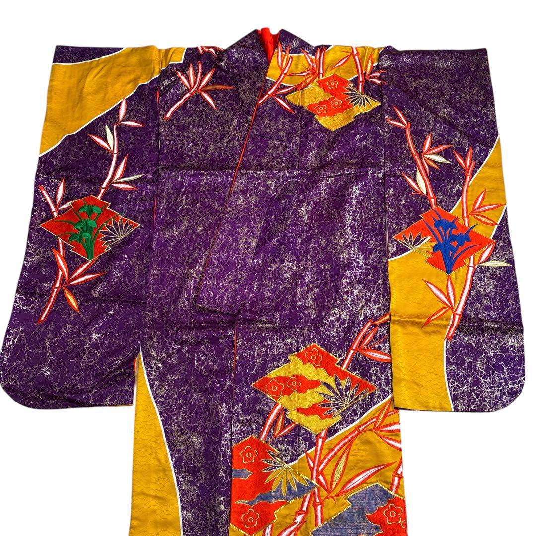 (あ862)アンティーク大振袖㊗️紫に金の幾何学模様 総刺繍✨️③点セット