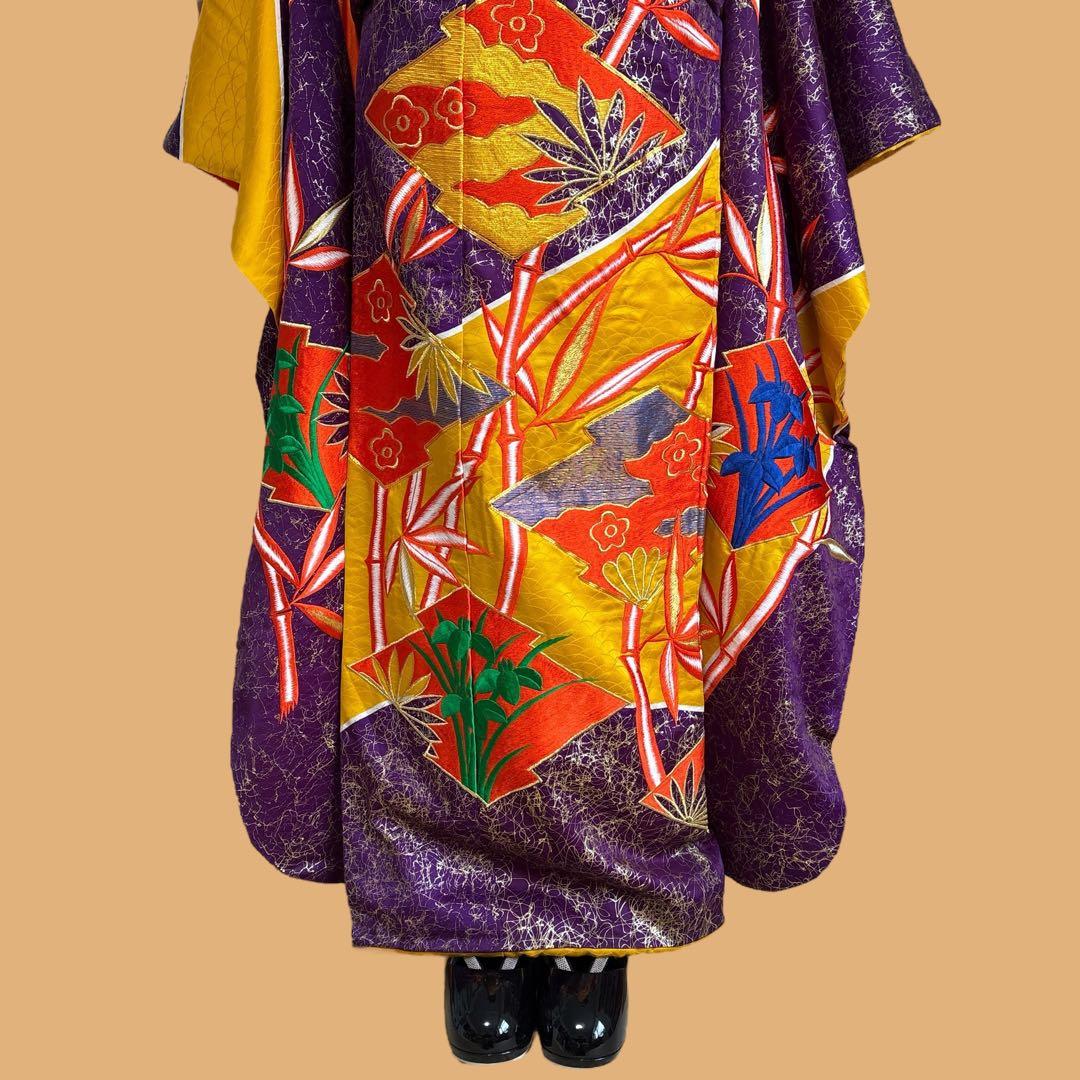 (あ862)アンティーク大振袖㊗️紫に金の幾何学模様 総刺繍✨️③点セット