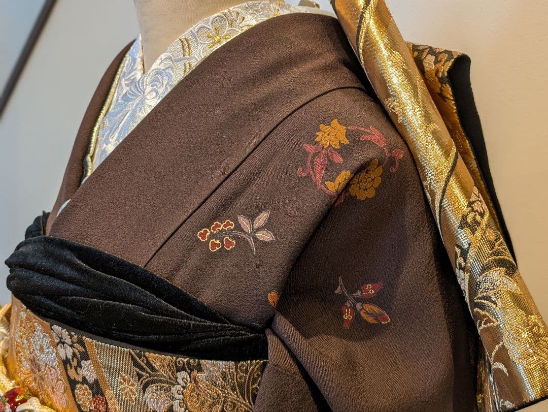 振袖フルセット 身丈168.5裄69.5 更紗 焦げ茶 ブラウン 金彩 成人式