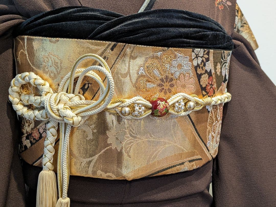 振袖フルセット 身丈168.5裄69.5 更紗 焦げ茶 ブラウン 金彩 成人式