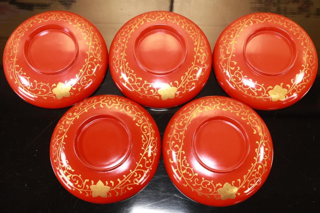 BJ120　時代輪島塗　四君子図蒔絵　吸物椀　五客　木製　茶道具 懐石 会席