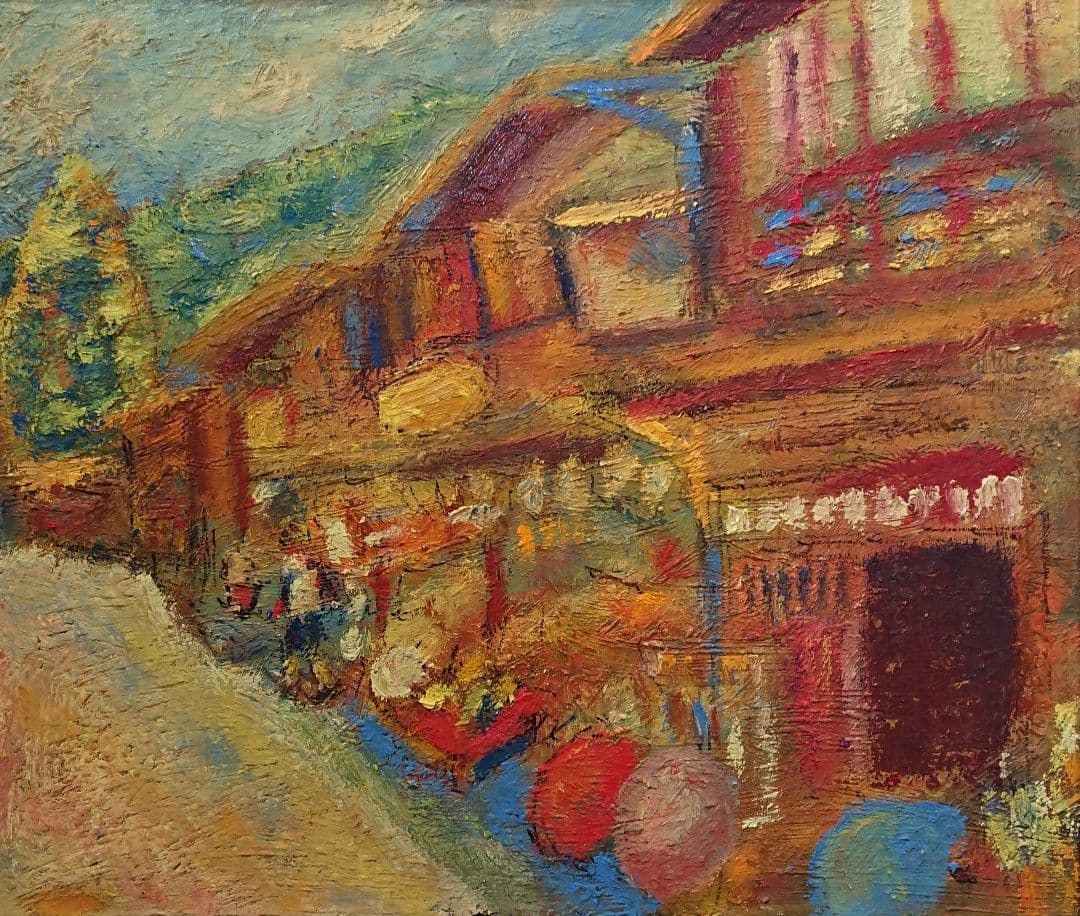 印象派風 油彩画 『街道の傘屋さん』