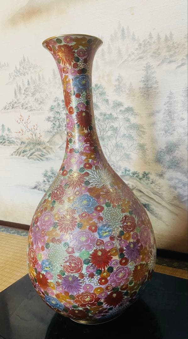 薩摩焼　飾り壺　花瓶　島津家紋入 丸十字　色絵　金彩　高さ46.5㎝ 大型　大壺