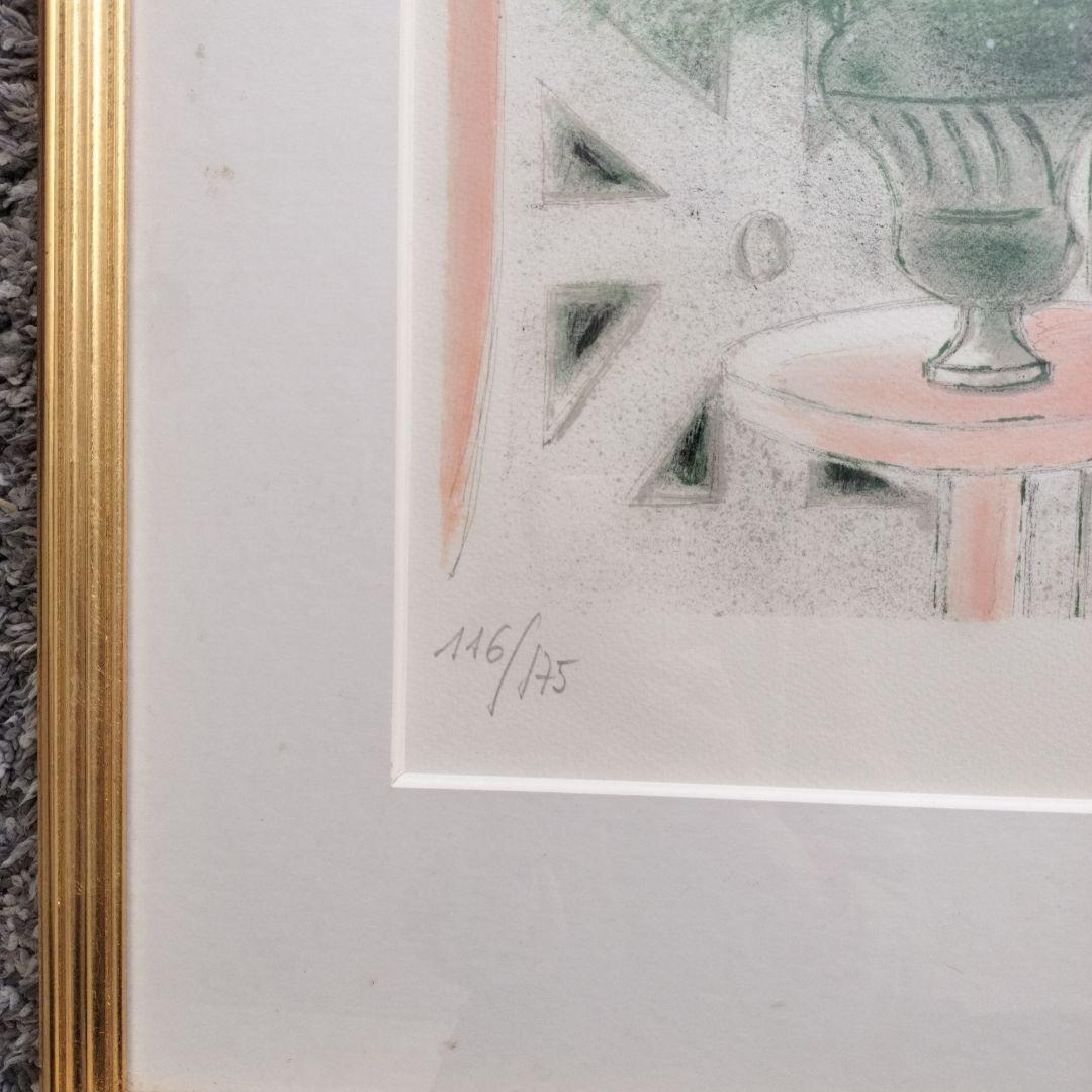 ブラジリエ作リトグラフ、 女性と花 116/125 金色フレーム