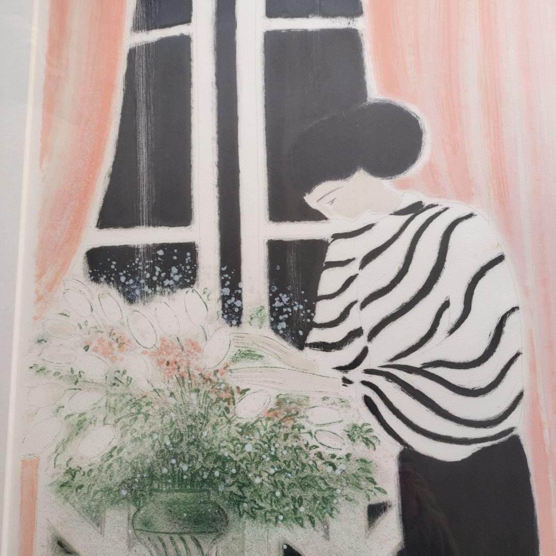 ブラジリエ作リトグラフ、 女性と花 116/125 金色フレーム