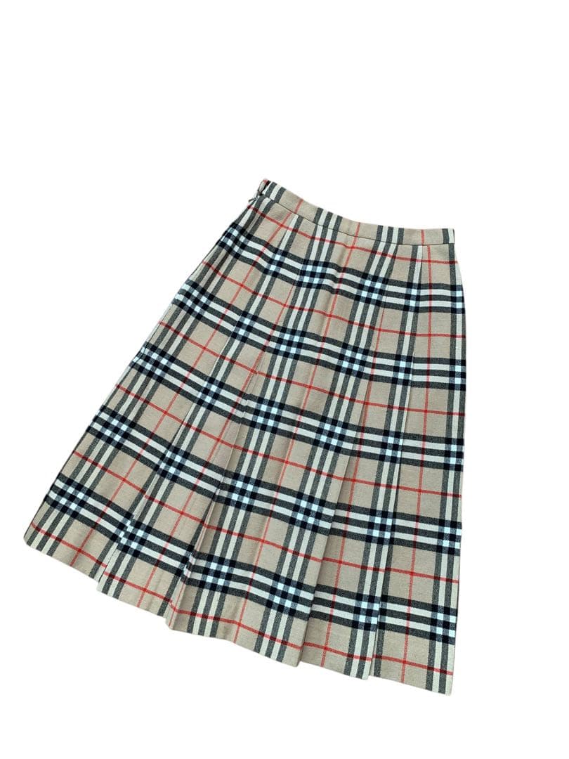 バーバリー　スカート　プリーツ　膝下　ノバチェック　ベージュ　毛100%