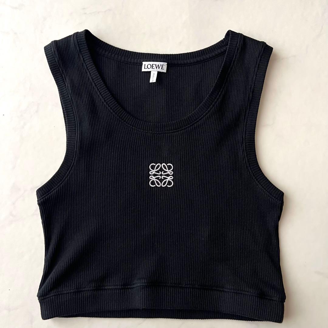 現行品 ロエベ クロップドタンクトップ アナグラム刺繍 ブラック ノースリーブS