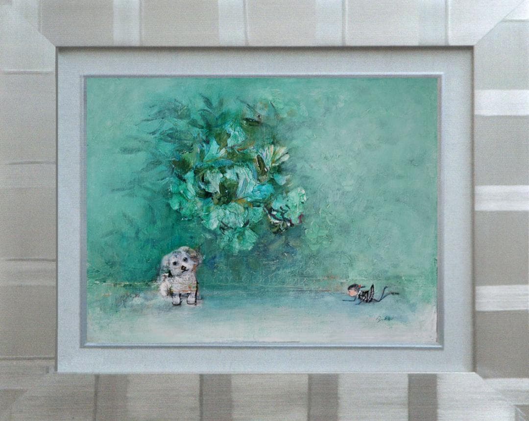 油絵 菅家令子 絵 絵画インテリア額付(白) uF6-071719 子犬と蟻さん