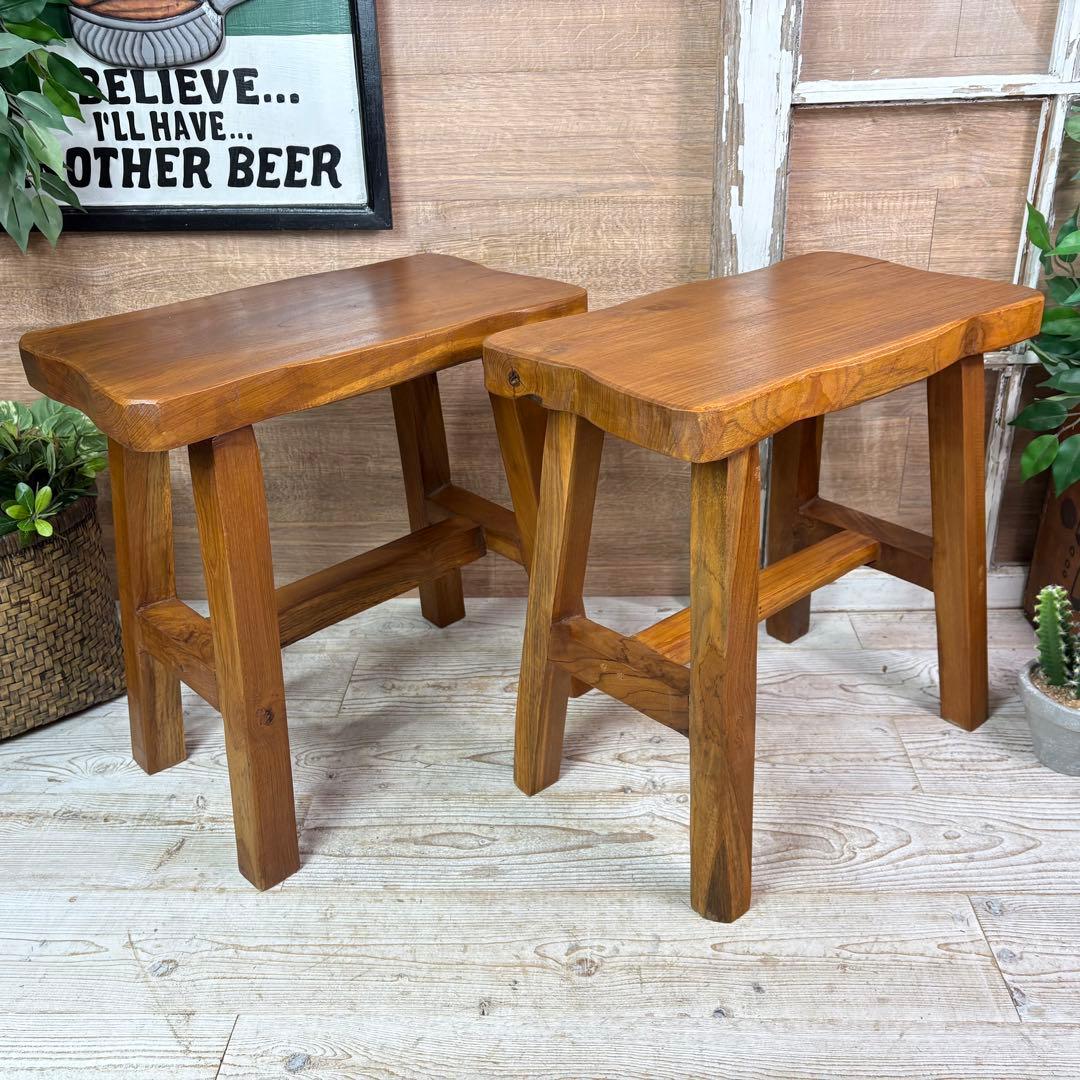オールドチーク天然無垢材ベンチスツールワイド2点セットサイドテーブル飾り台置き台