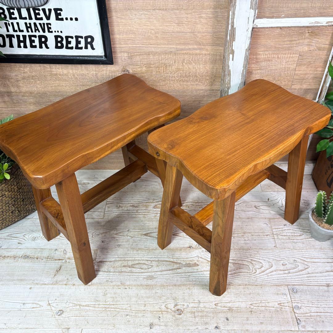 オールドチーク天然無垢材ベンチスツールワイド2点セットサイドテーブル飾り台置き台