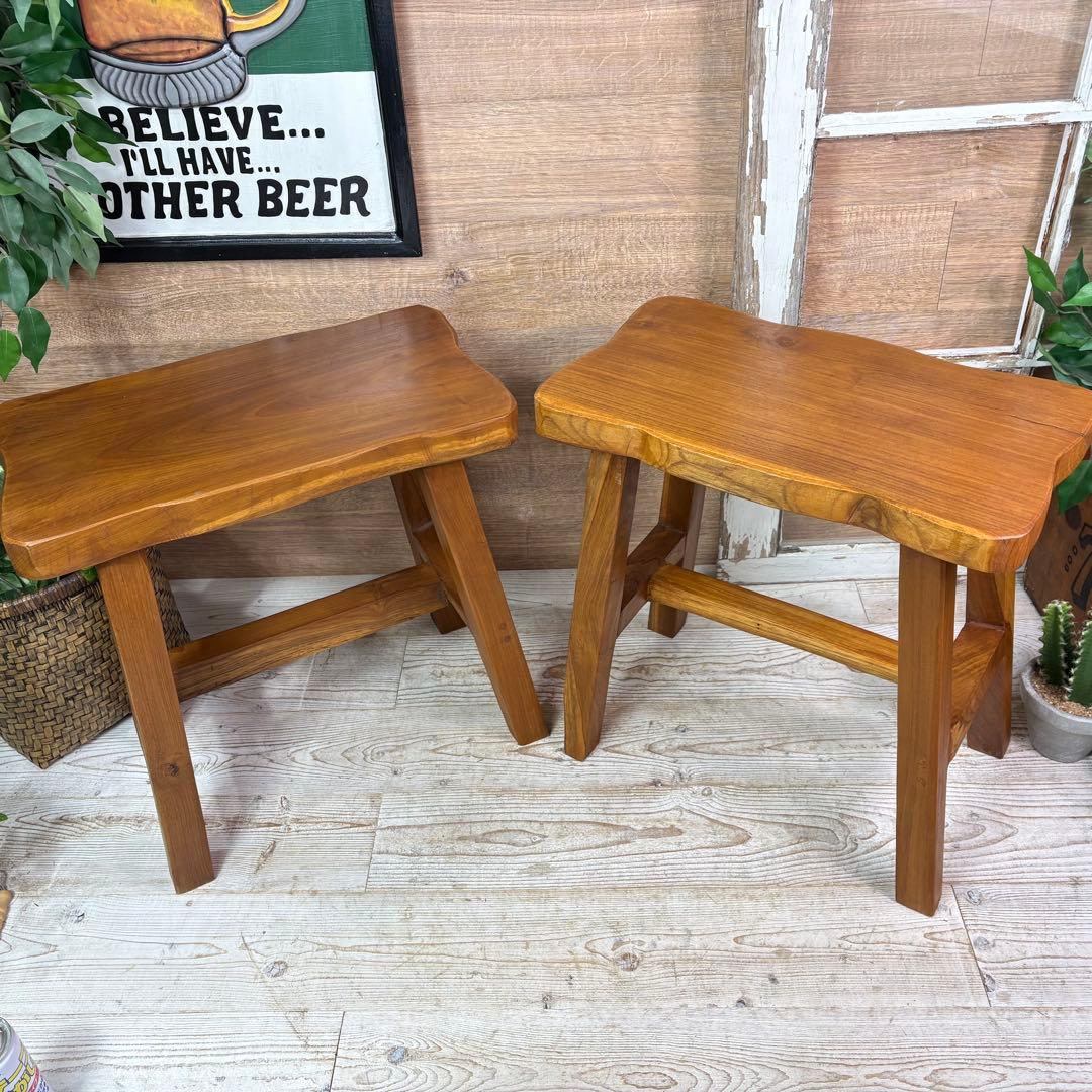 オールドチーク天然無垢材ベンチスツールワイド2点セットサイドテーブル飾り台置き台