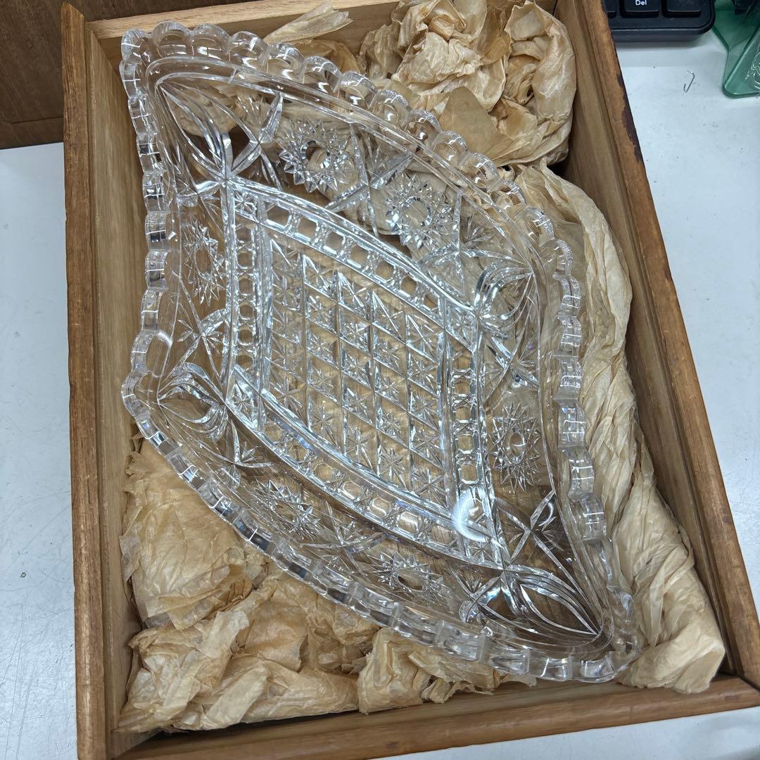 【未使用】変り皿　チェコスロバキア製　クリスタル　ダイヤカットグラス