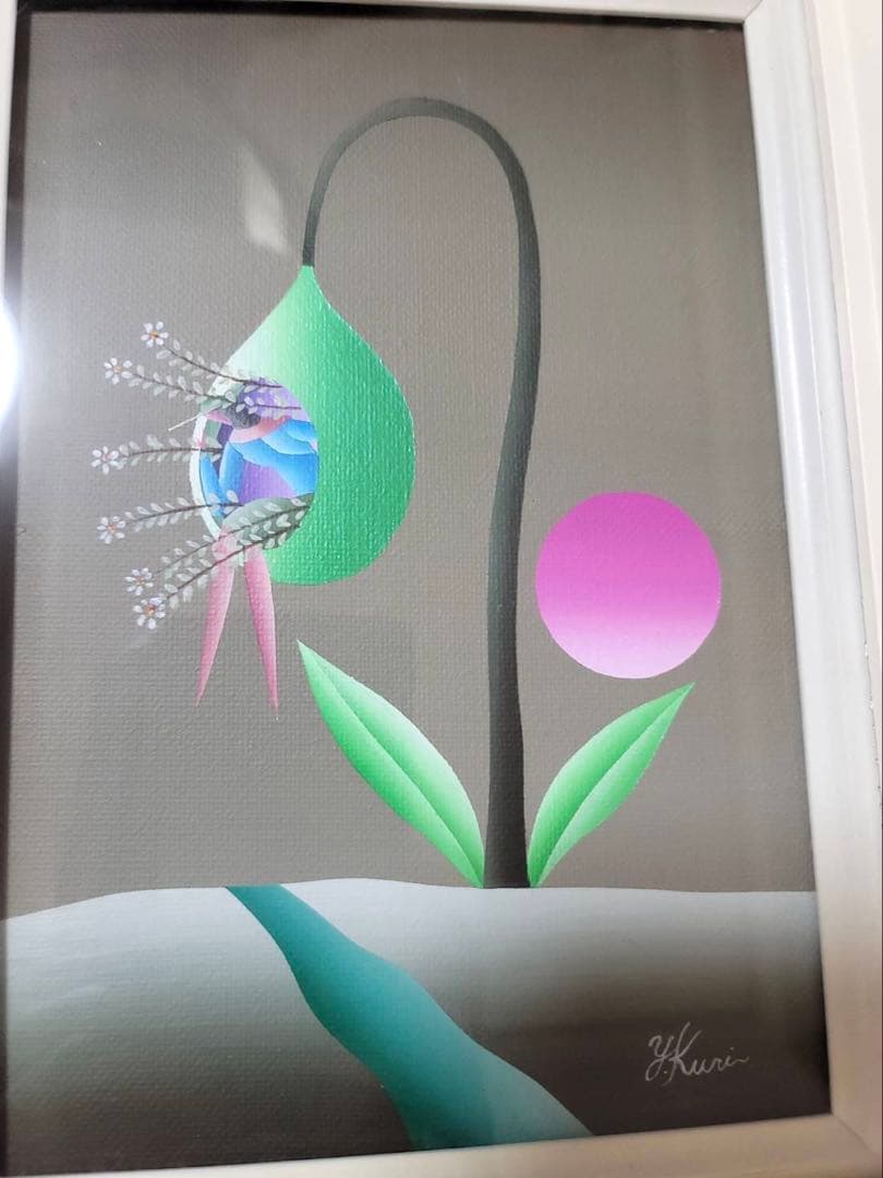 久里洋ニ　絵　アクリル　原画　本物　「花の実の中から女の子」　31.5×38cm