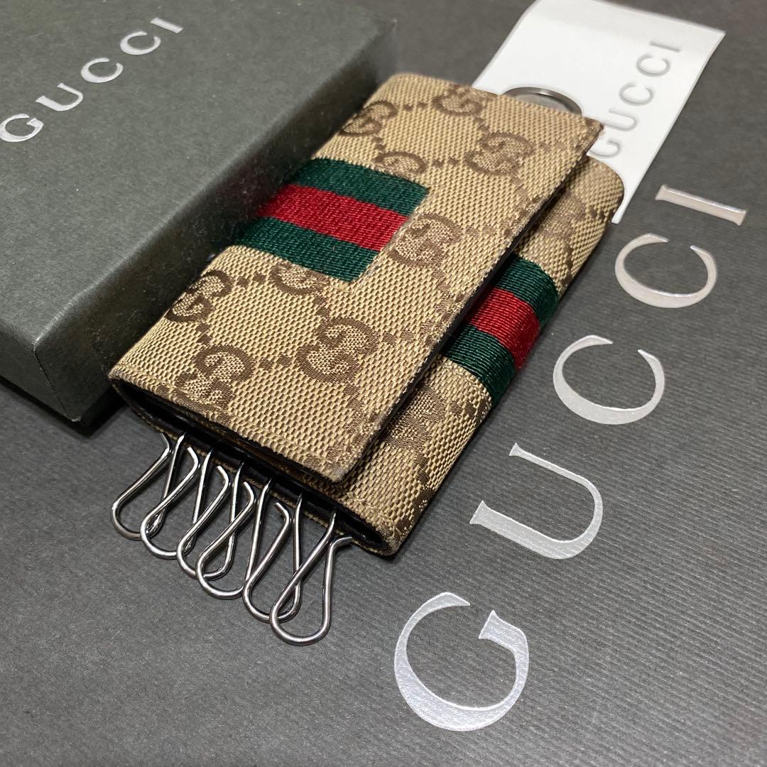 美品　グッチ　GUCCI　6連キーケース　GG柄シェリーライン　キャンバスレザー
