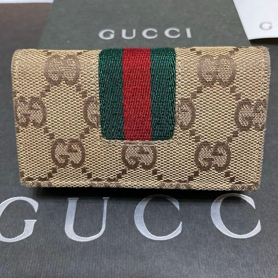 美品　グッチ　GUCCI　6連キーケース　GG柄シェリーライン　キャンバスレザー