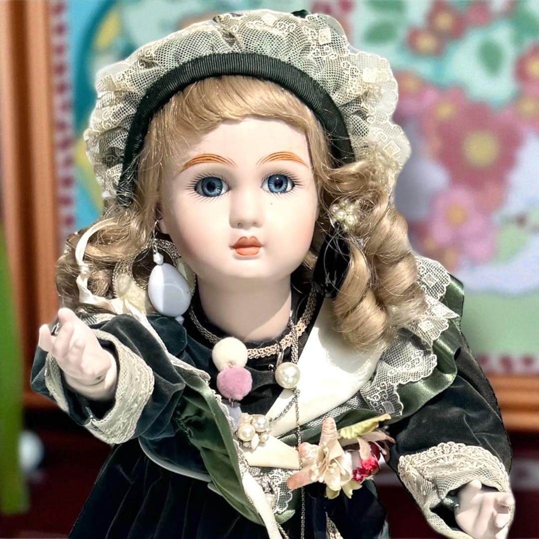 ノエル ビスクドール スタイナー リプロ フレンチ グリーン ドレス ボネ