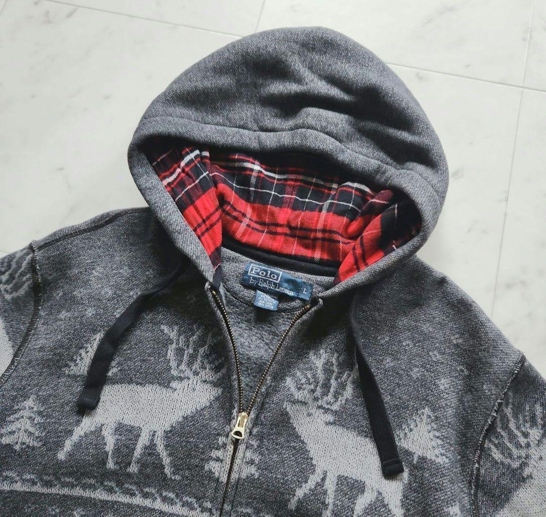 美品 ラルフローレン ジップパーカー ノルディック柄 グレー 裏地フリース Ｌ