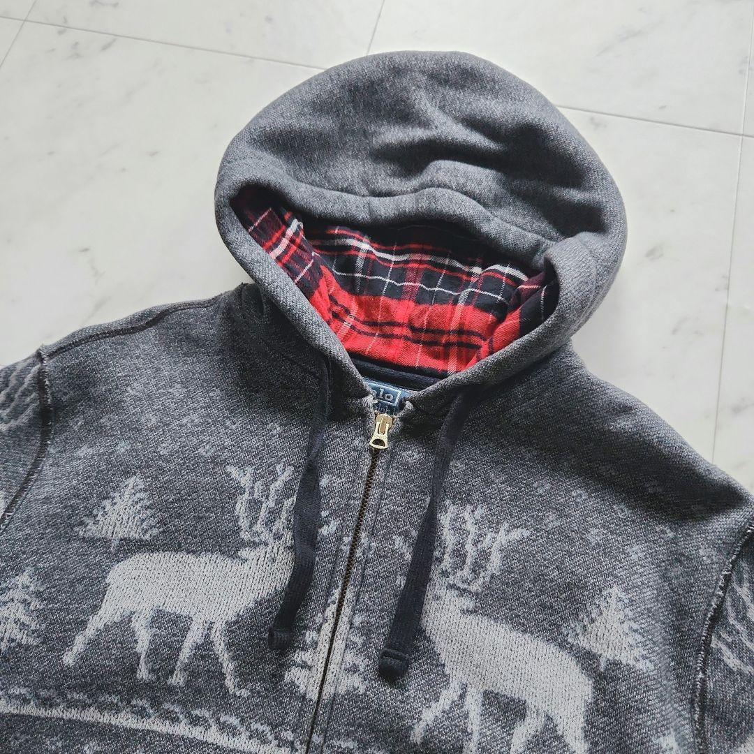 美品 ラルフローレン ジップパーカー ノルディック柄 グレー 裏地フリース Ｌ