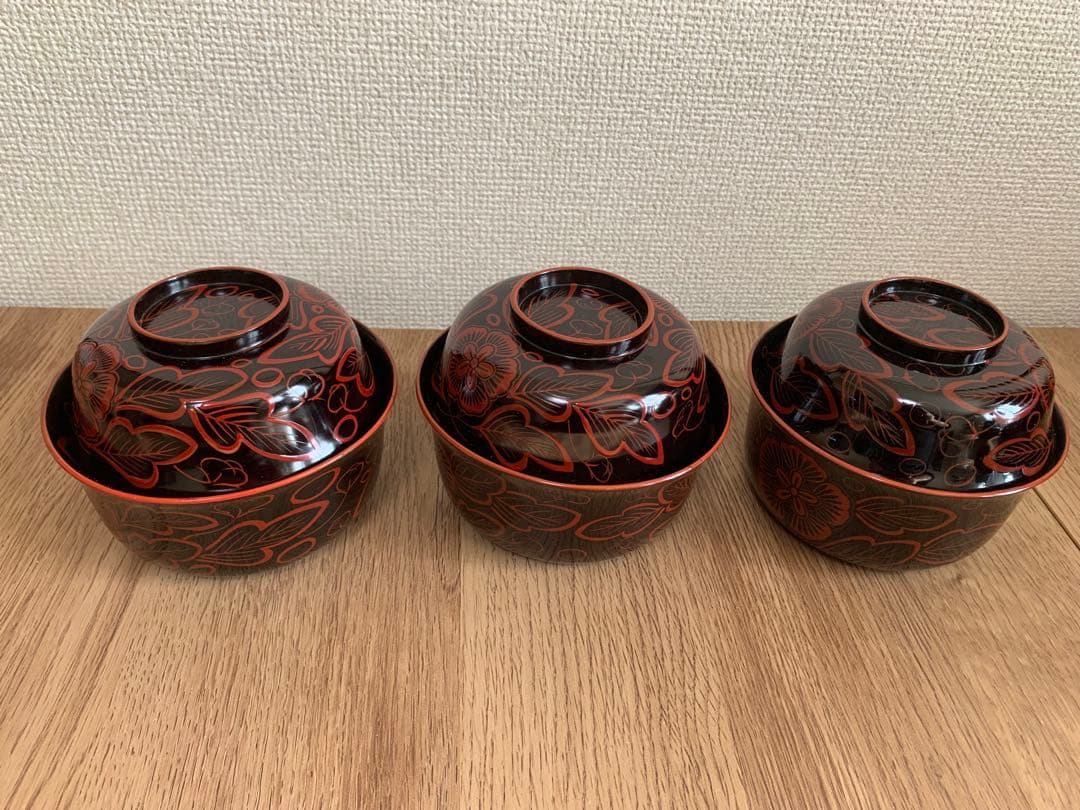 吉野塗　時代物　木芙蓉文のお椀3客　検懐石道具吉野塗　飯碗　吸物椀　珍品　蓋皿