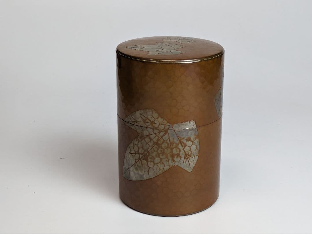 ◇玉川堂◇ ◆ 鎚起銅器 茶筒 急須台 茶箕 ◆ 共箱あり 葉文 茶さじ
