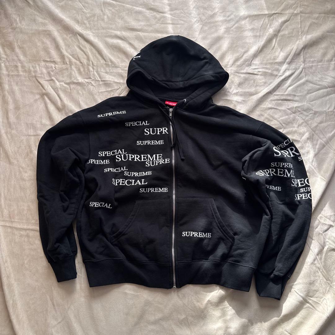SUPREME L 刺繍　ロゴ　ジップアップ　パーカー ブラック　黒　裏起毛