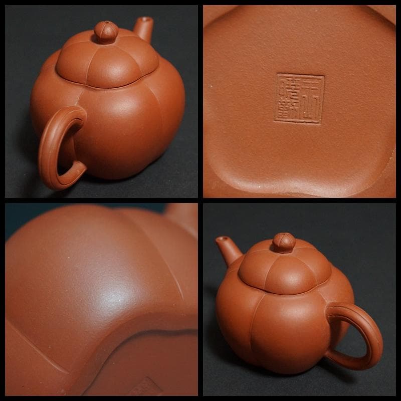 煎茶道具 唐物 朱泥 王暁勤製 在銘 瓜形紫砂壺(一対) 単孔朱泥急須茶器茶道具