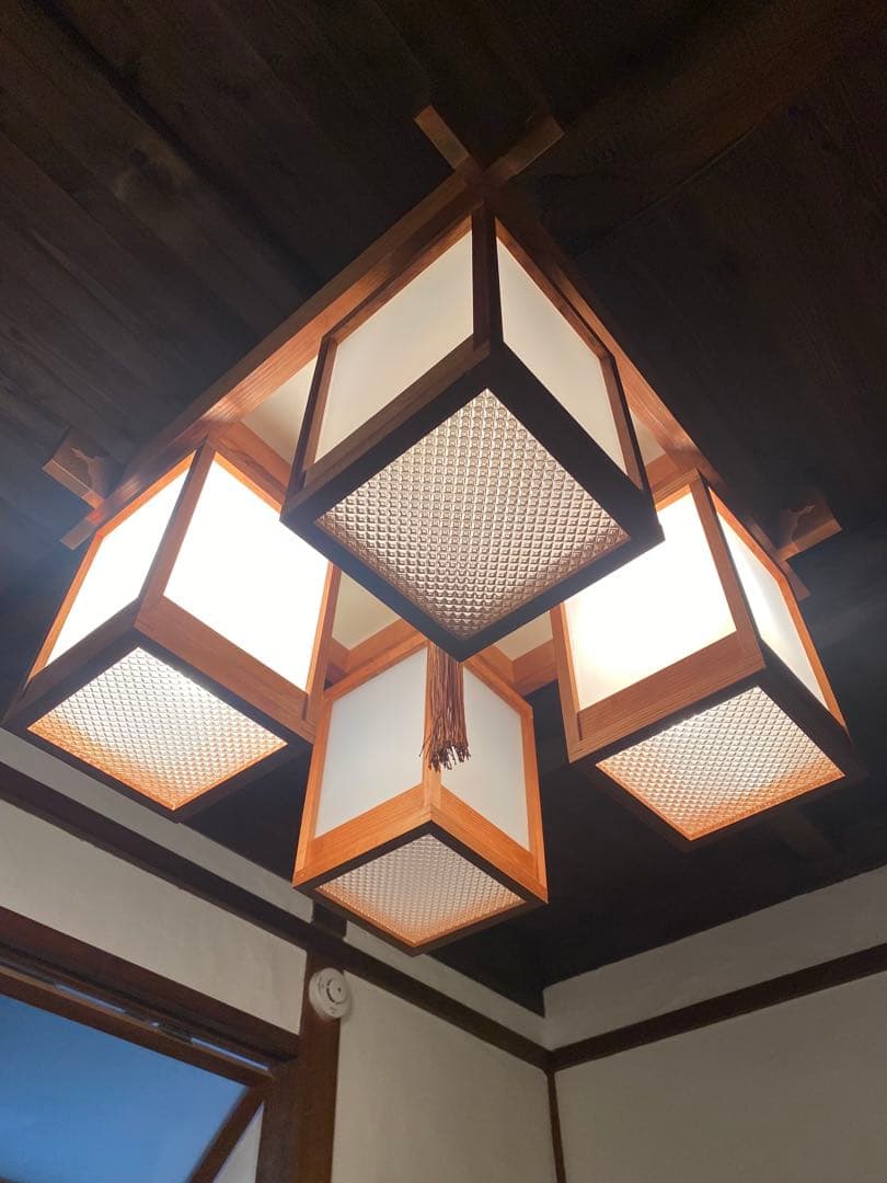 zz出品　　職人仕上げ 吊り下げ照明 木枠×乳白アクリル 60cm角