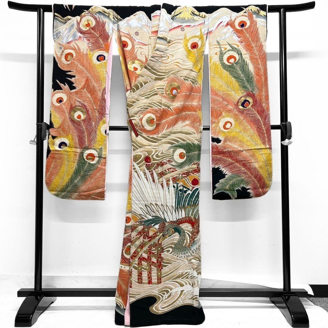 アンティーク　刺繍　金狛刺繍　鳳凰　羽模様　振袖　引き摺り　着物　104a p