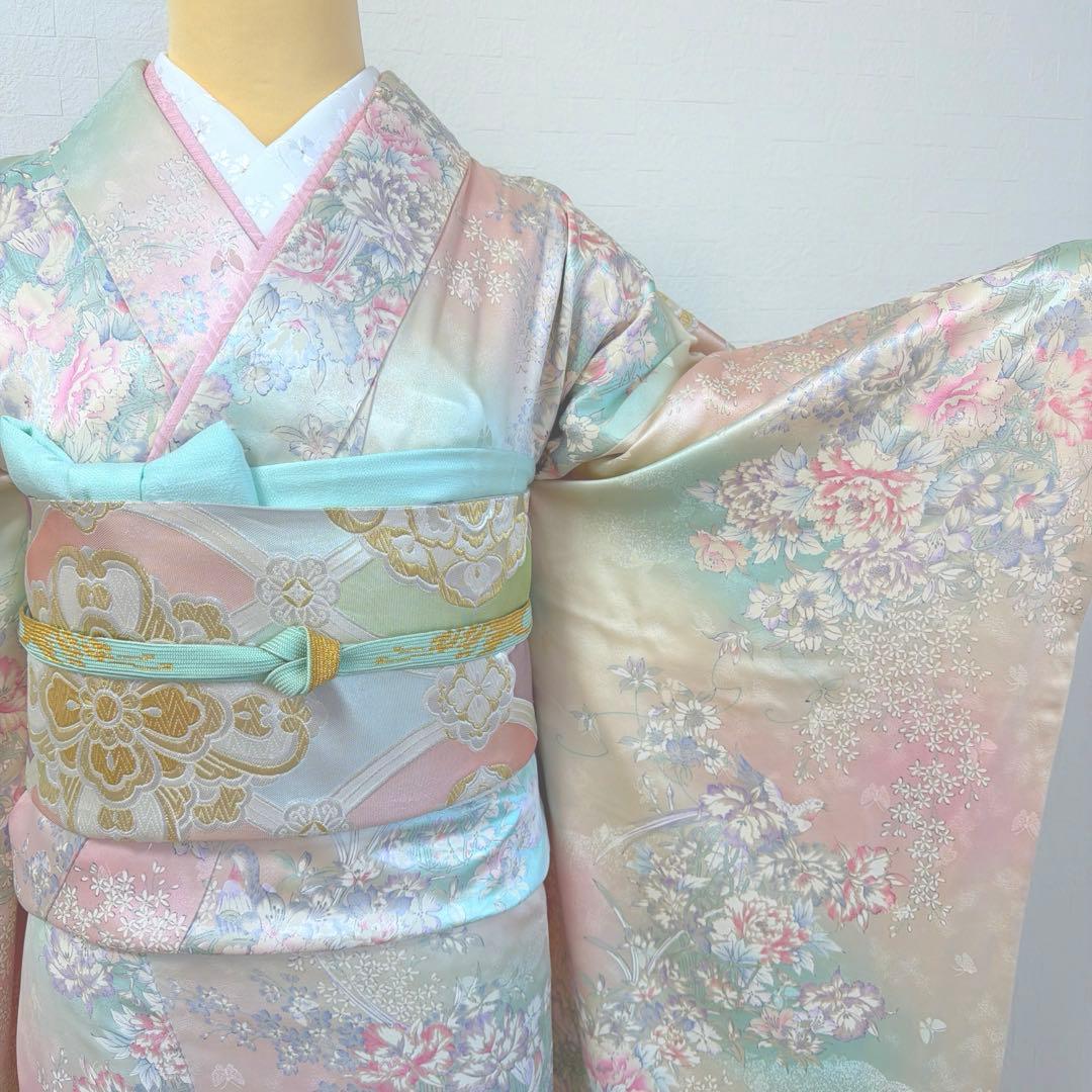 497 振袖フルセット 正絹 ピンク 水色 生成 銀彩 総手書き 暈し染め 蝶