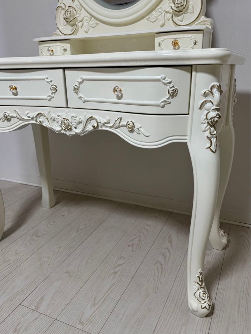 LEDミラー付きロココ調アンティーク可愛いドレッサー化粧台 横幅100cm