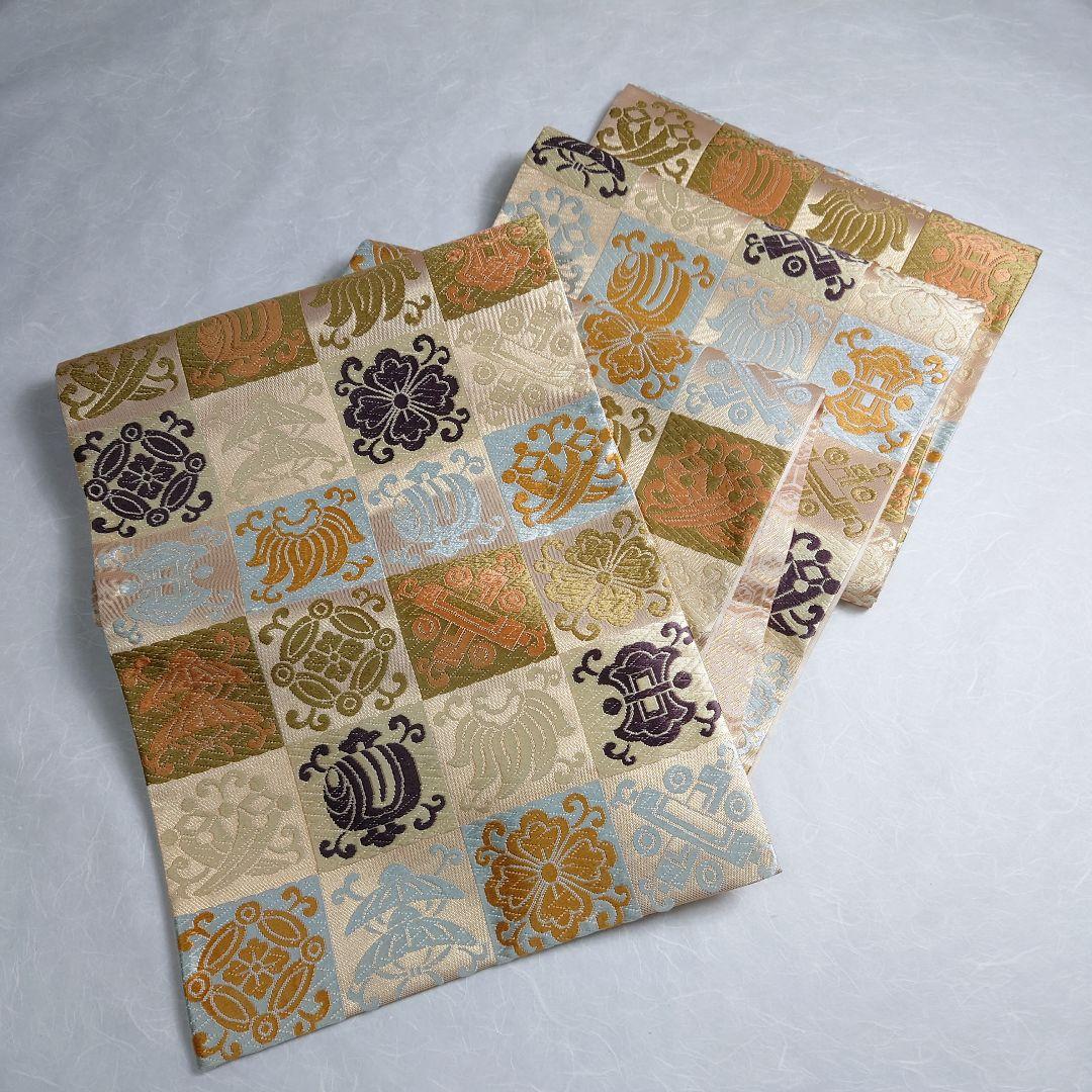 正絹 袋帯 六通柄 河合美術織物謹製 市松 宝づくし 極上 逸品 未使用品