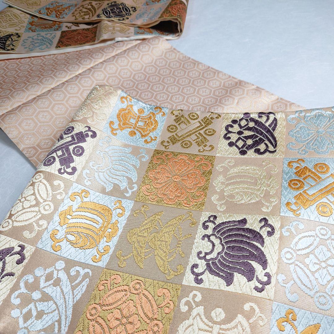 正絹 袋帯 六通柄 河合美術織物謹製 市松 宝づくし 極上 逸品 未使用品