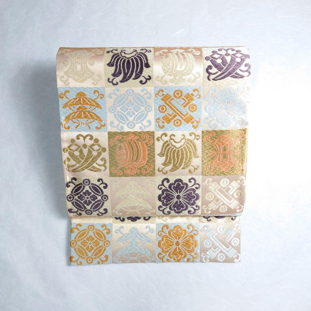 正絹 袋帯 六通柄 河合美術織物謹製 市松 宝づくし 極上 逸品 未使用品