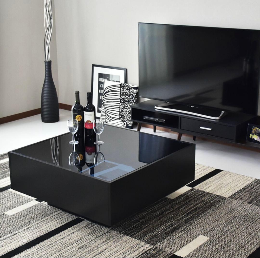 【ma】ガラスセンターテーブル ブラック 引き出し付き 木目スモークガラス