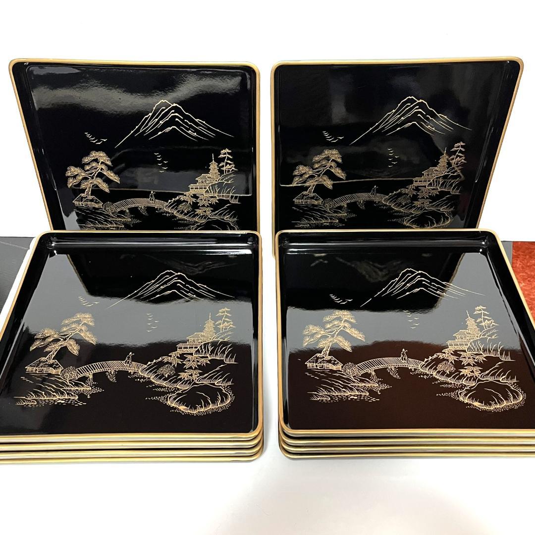 【蔵出し】懐石御膳 輪島塗 二度塗 美術漆器 沈金楼閣山水の図 10客 未使用品