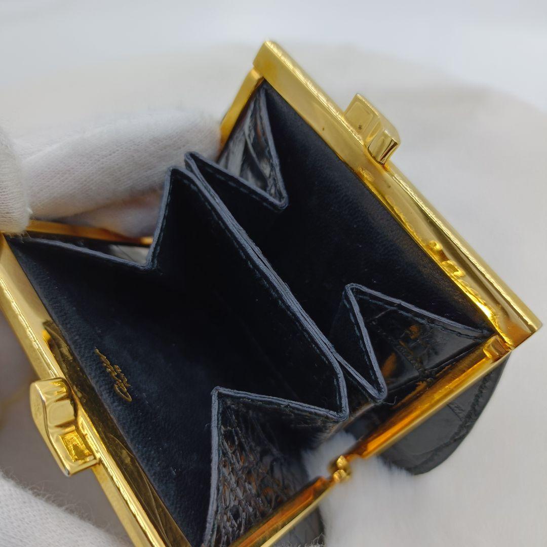 美品 カルティエ クロコ型押し がま口 ケース ブラック