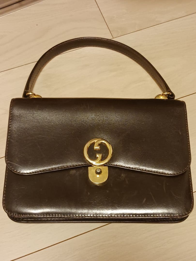 GUCCI インターロッキング オールドレザー ハンドバッグ　ブラウン　和
